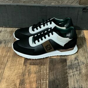 Fendi Match White and Black Low-Top Leather Suede Sneakers - Mens Size 10